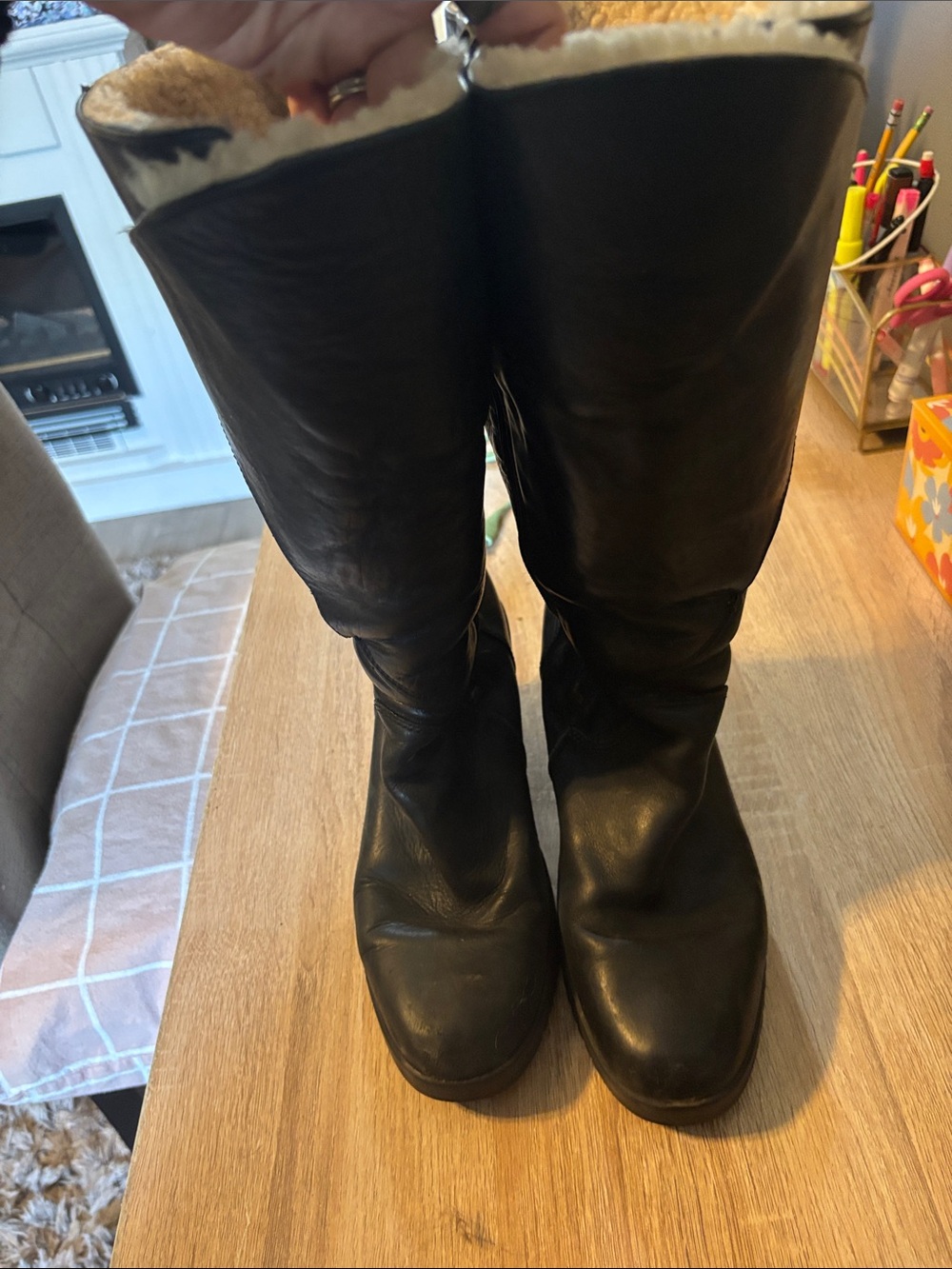 UGG Black Leather Wedge Knee-High Boots with Side Zipper - Picture 2 of 7